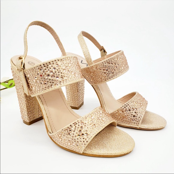 Champagne Block Heel Sandal Ankle Strap with Rhinestones - Picture 2 of 3